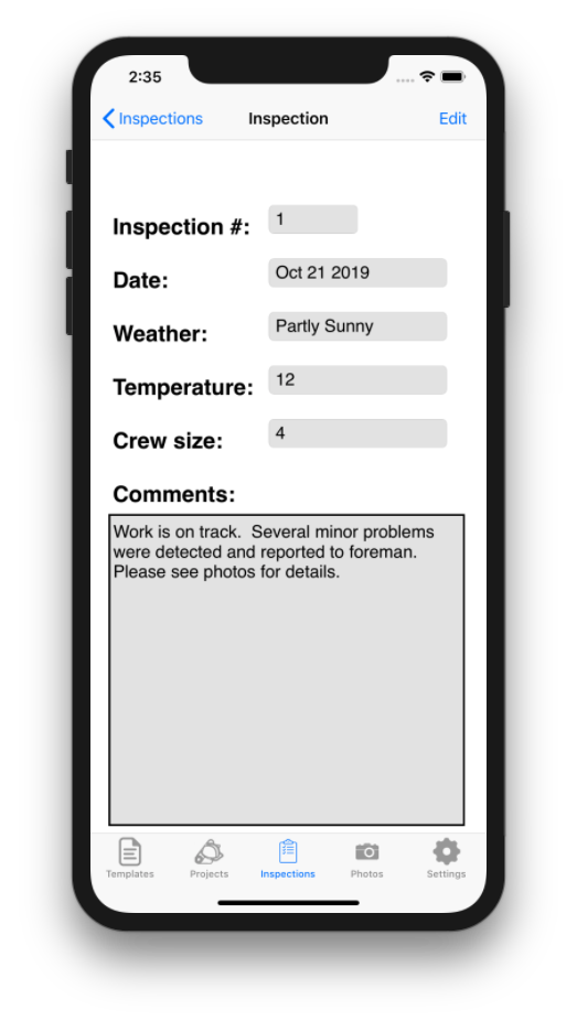 Step #2Enter inspection details:Automatic numbering and date default.