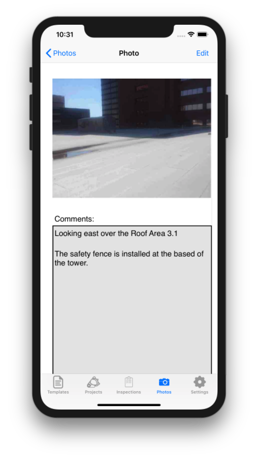 Step #3
Take photos, add comments:

Photos are taken directly into the app and compressed to reduce the PDF report size.